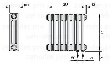 Схема (чертеж) Радиатор Zehnder Charleston 3055/8 №5510 Белый глянцевый RAL 9016